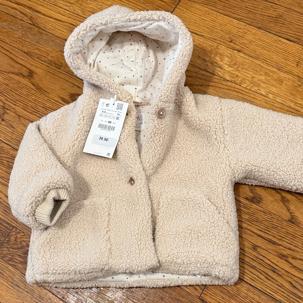 NWT zara kids cream Sherpa cotton lined button jacket fall winter 6-9